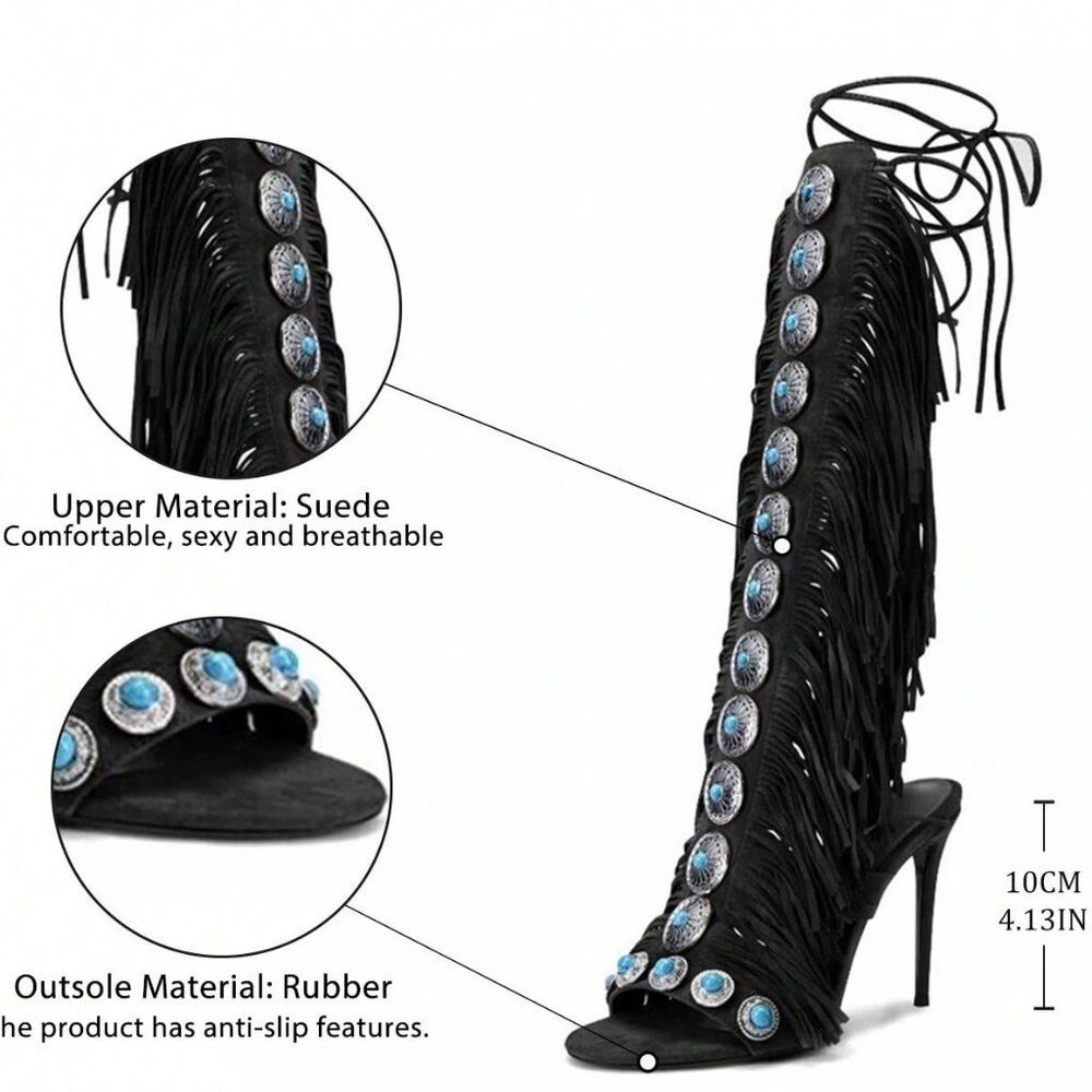 Black Bohemian Women'sGemstone Straps Fringe Detail Knee High Stiletto Boots f - Picture 7 of 10